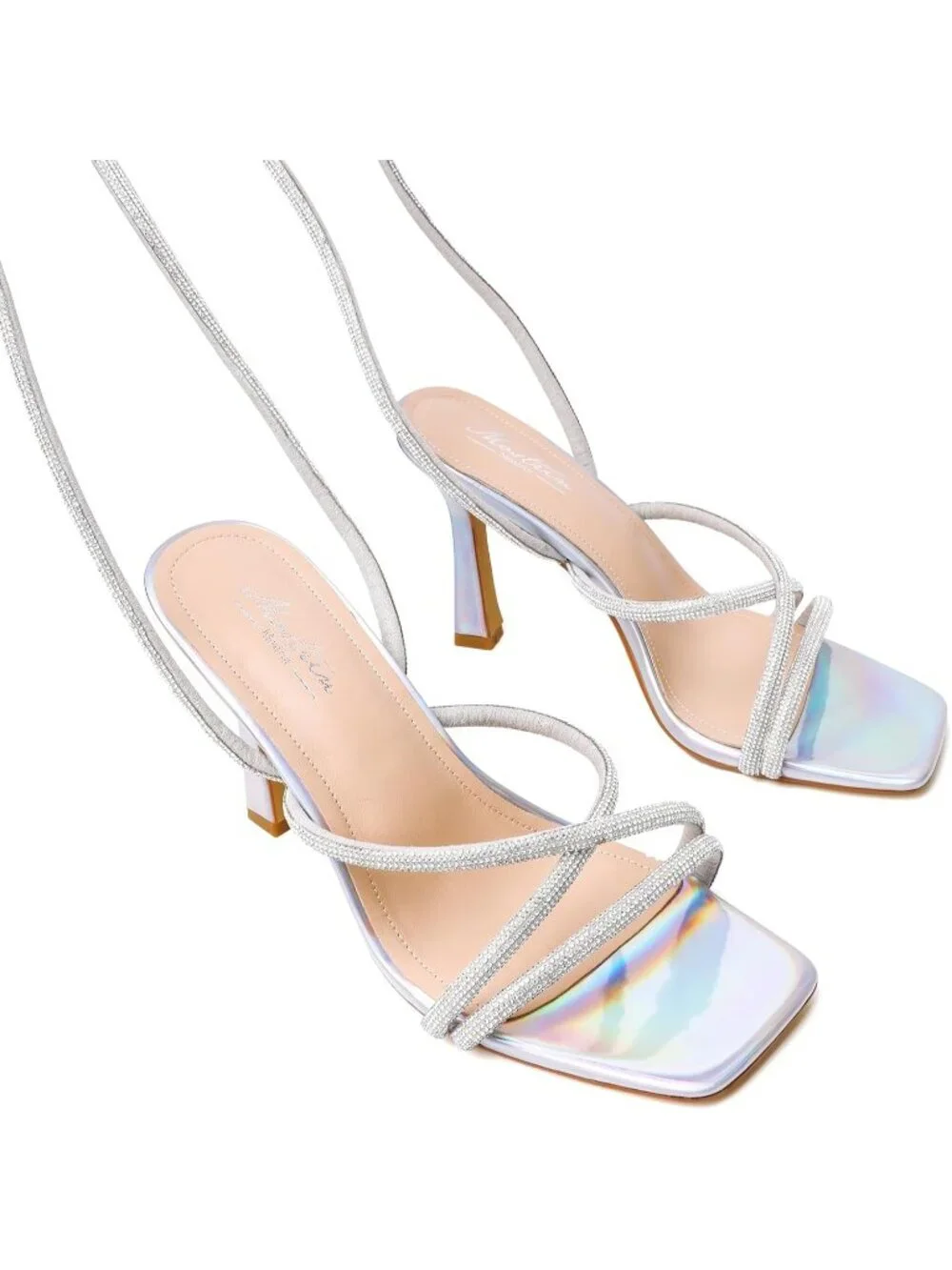 〽️Womens Silver Strappy Lace Up Square Toe High Heels Party Heel Prom Sandal